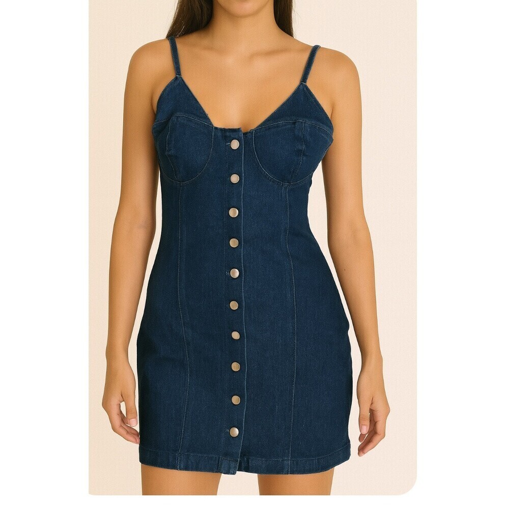 New Look denim jean dress stretch mini short button up front corset top SZ SM